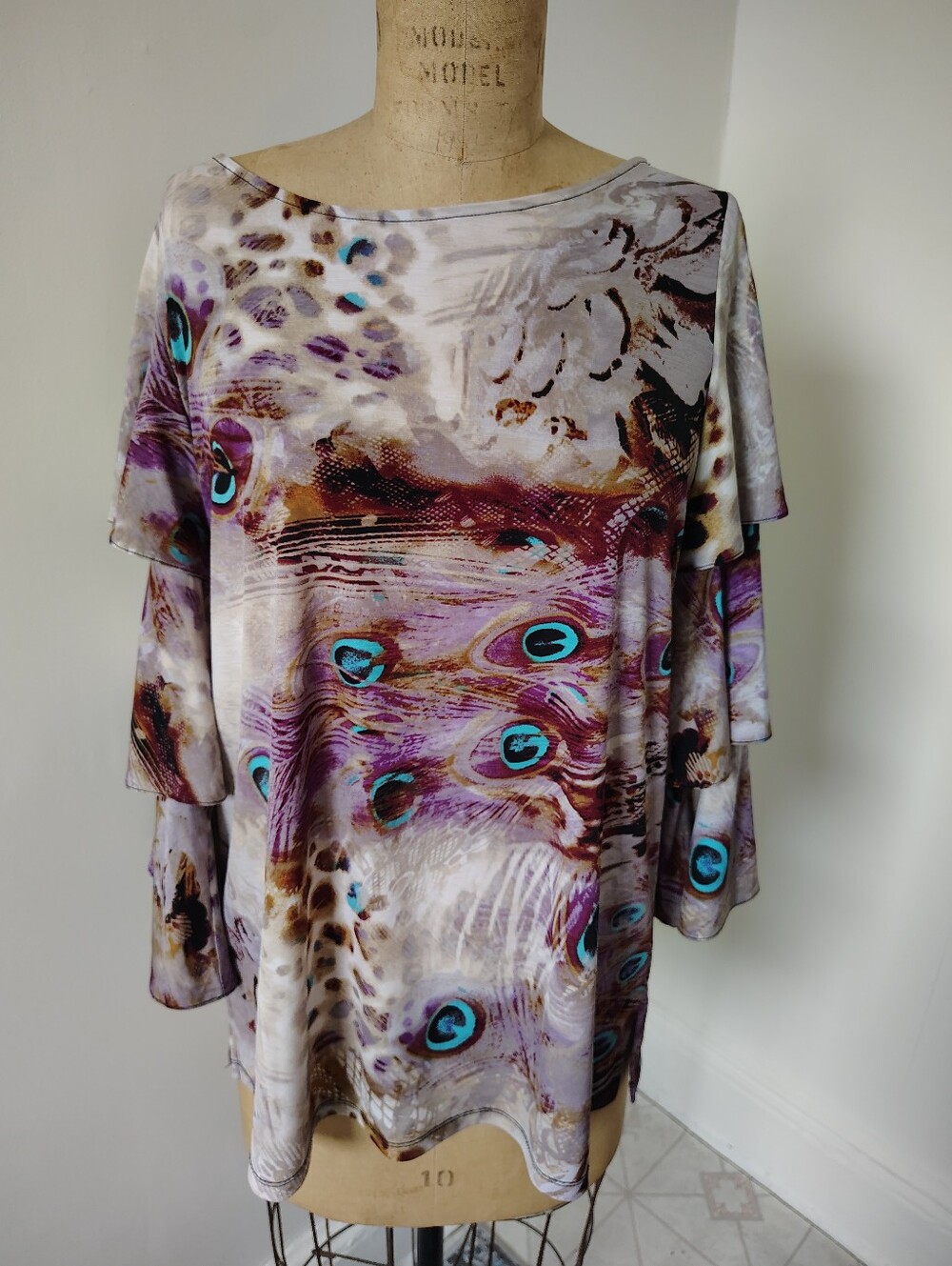 Peck & Peck Purple Peacock Print Layered Sleeve Tunic with Aqua Accents